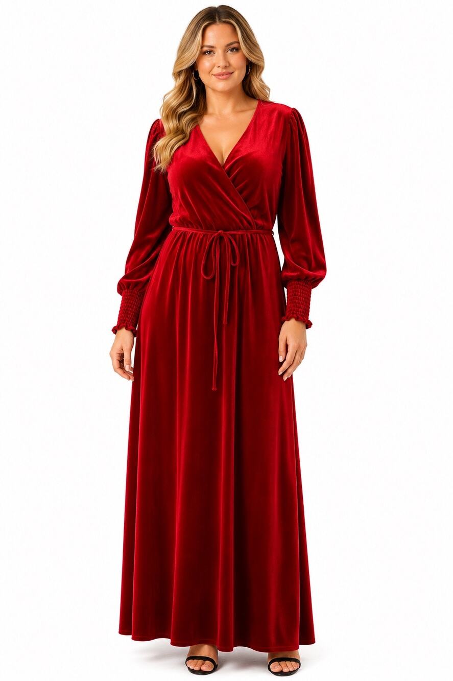 INC International Concepts Red Velvet V-Neck Tie Waist Long Sleeve Maxi Dress